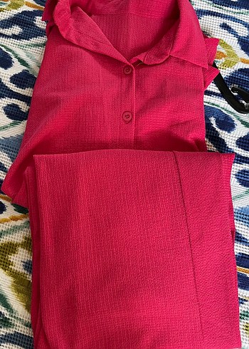 Diğer Düğmeli Pembe Keten Kadın Gömlek Pantolon Takımı
