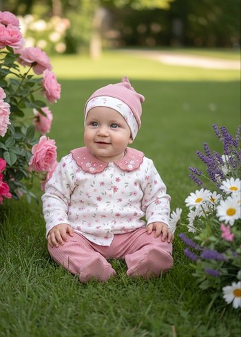 Çiçek Nakışlı ve Yakalı 3lü Kız Bebek Takım - Görsel 2