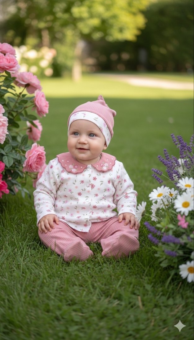 Çiçek Nakışlı ve Yakalı 3lü Kız Bebek Takım - Görsel 2