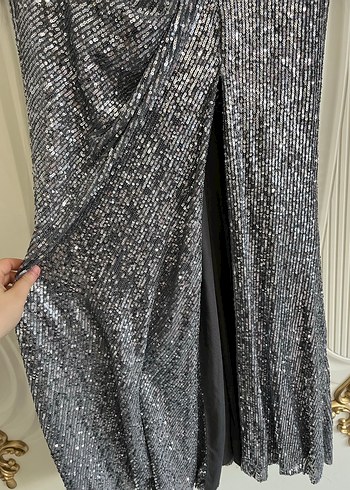 Gümus payet tüy detayli Kadın Uzun Abiye Elbise - Görsel 4