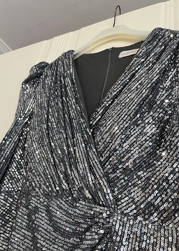 Gümus payet tüy detayli Kadın Uzun Abiye Elbise - Görsel 3