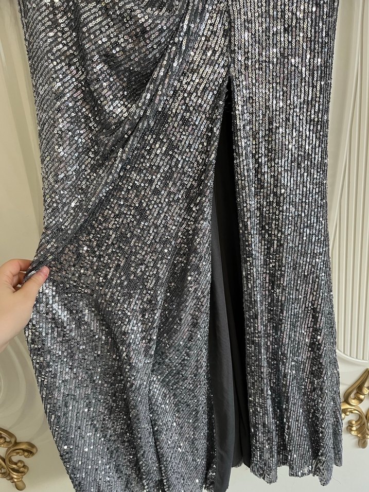 Gümus payet tüy detayli Kadın Uzun Abiye Elbise - Görsel 4