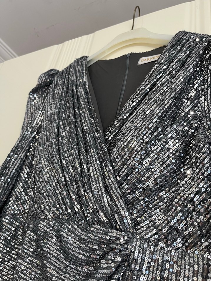 Gümus payet tüy detayli Kadın Uzun Abiye Elbise - Görsel 3