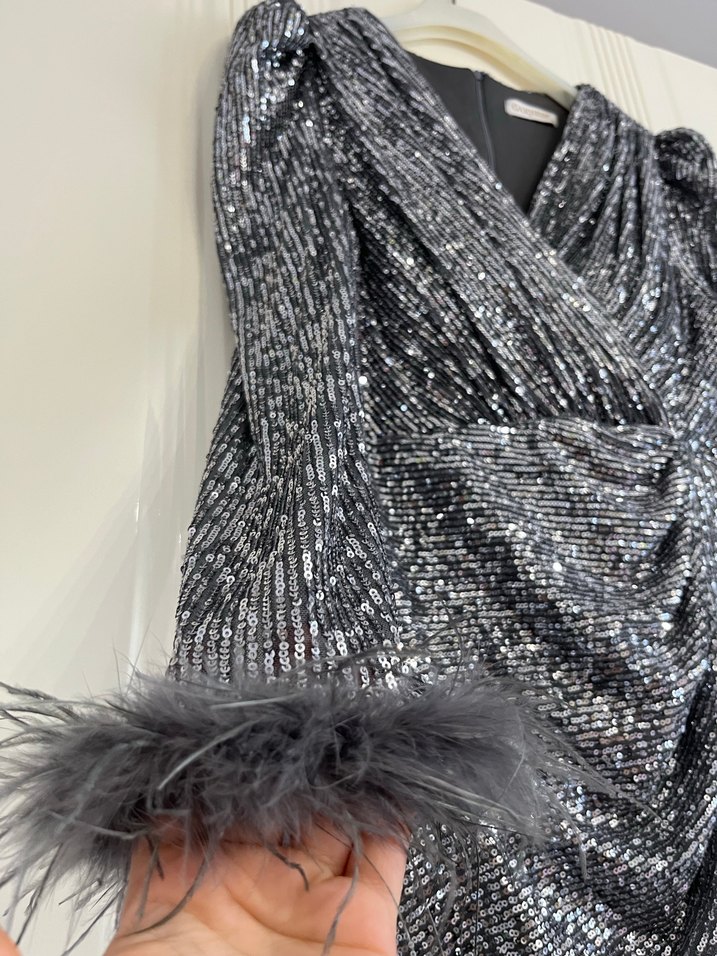 Gümus payet tüy detayli Kadın Uzun Abiye Elbise - Görsel 2