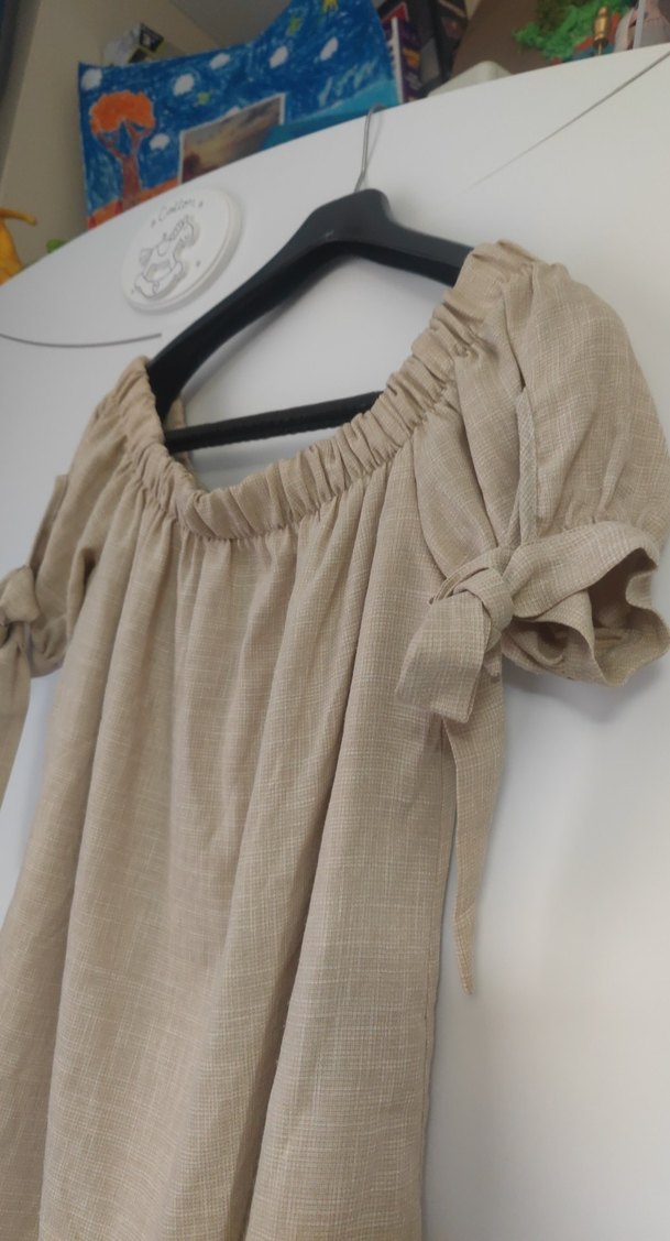 Bej Keten Midi Rahat Elbise - Görsel 3