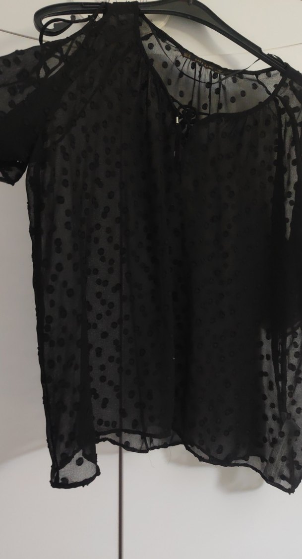 Zara Basic Nakışlı Siyah tül detaylı bluz - Görsel 2