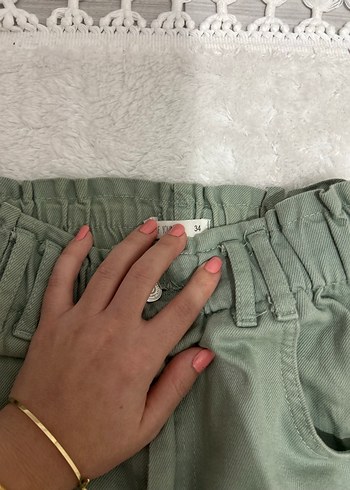 34 Beden yeşil Renk Kadın Yeşil Keten Loose Fit Midi Pantolon
