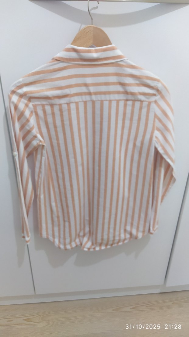 Bej Çizgili Uzun Kollu Pamuklu Kadın Gömlek - Görsel 2