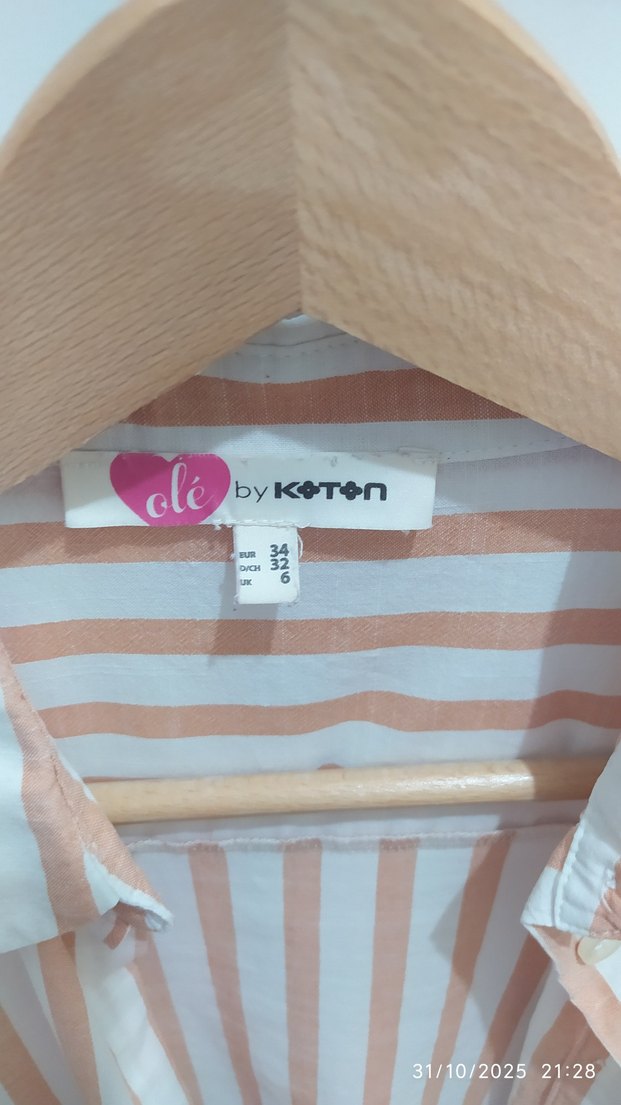 Bej Çizgili Uzun Kollu Pamuklu Kadın Gömlek - Görsel 3