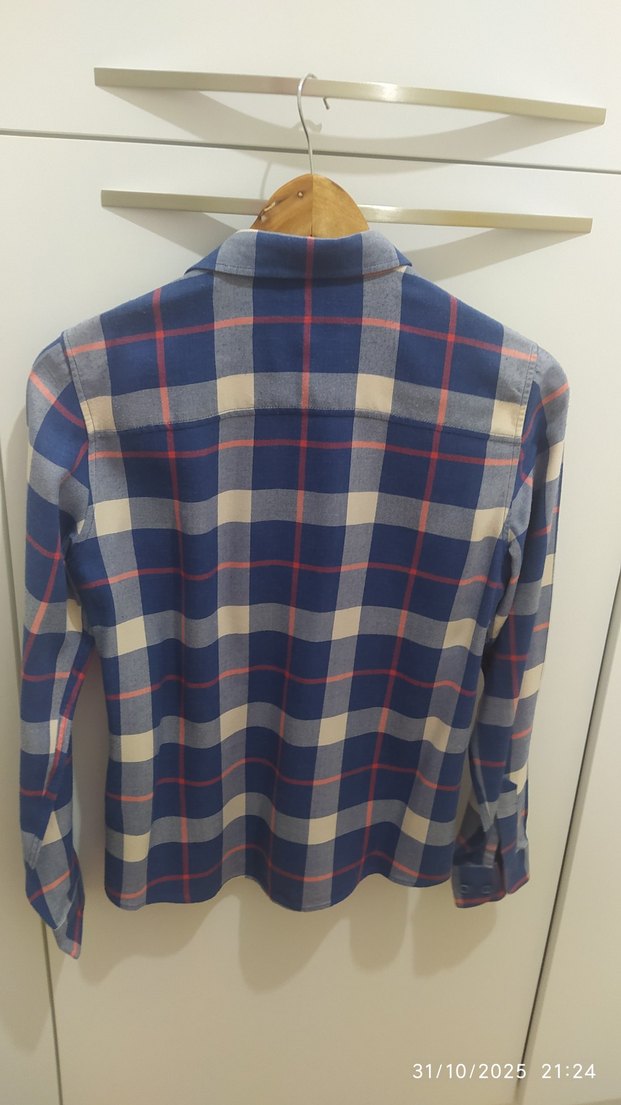 Düğmeli Uzun Kollu Mavi Kareli Gömlek - Görsel 2