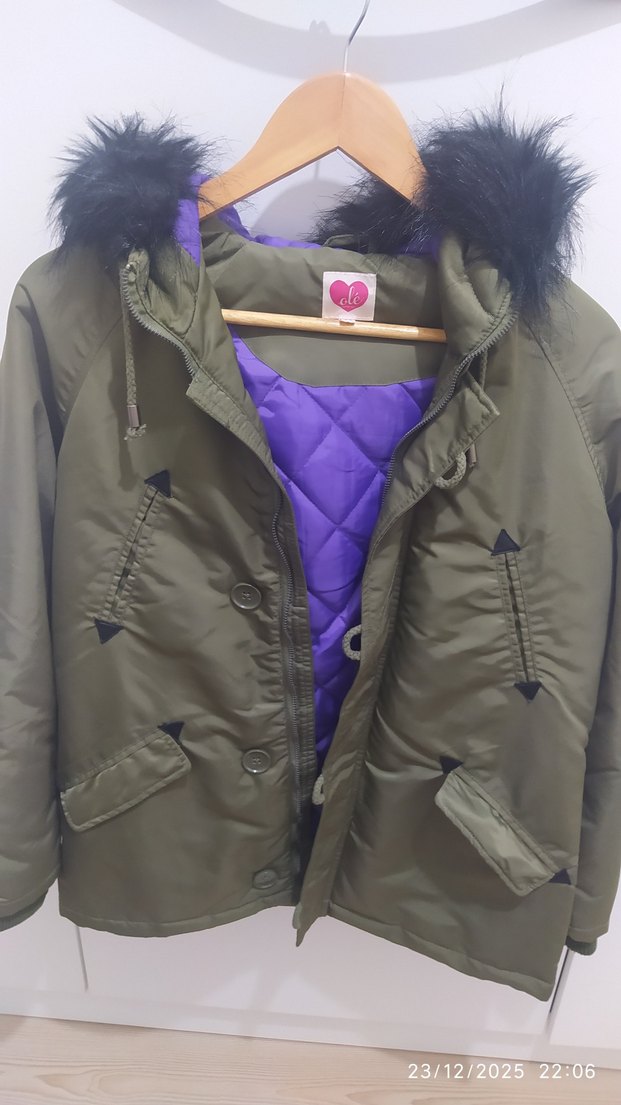 Kürklü Kapüşonlu Mor Astarlı Kadın Kışlık Mont - Görsel 3