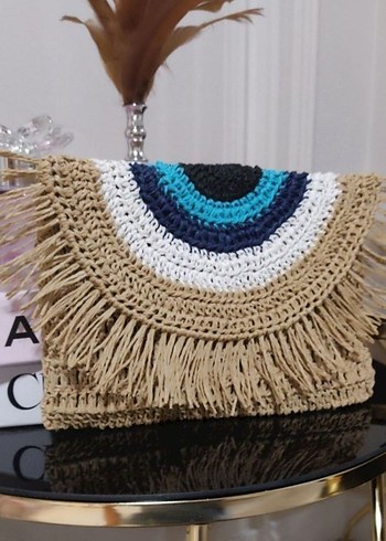 Püsküllü Bohem Çok Renkli Örgü Clutch Çanta