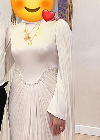 Drapeli krem Uzun Kadın Abiye Elbise - Görsel 3