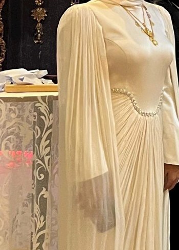 Drapeli krem Uzun Kadın Abiye Elbise - Görsel 5