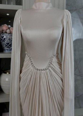 Drapeli krem Uzun Kadın Abiye Elbise - Görsel 4