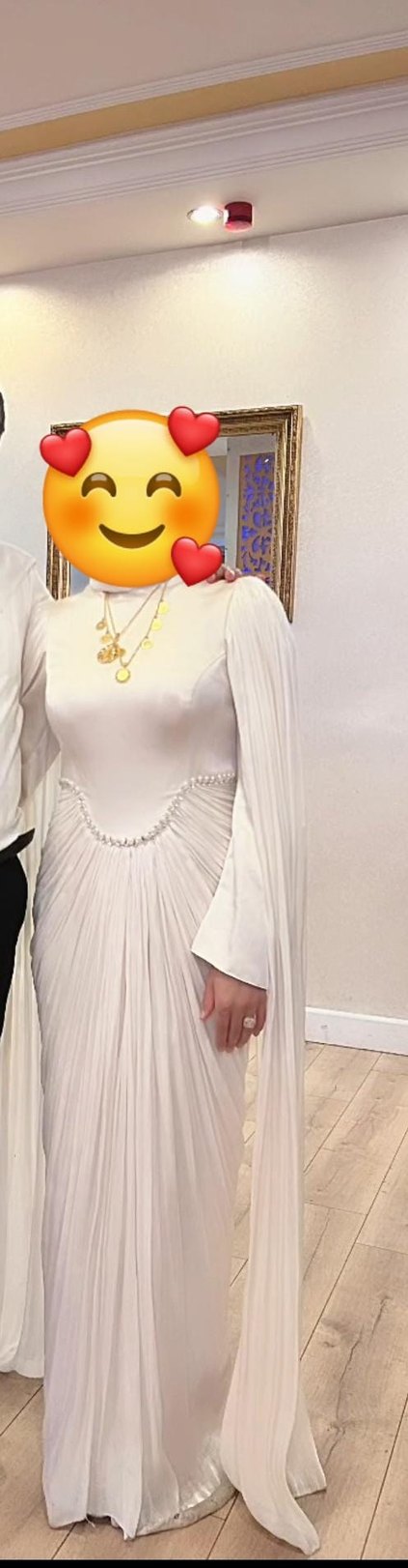 Drapeli krem Uzun Kadın Abiye Elbise - Görsel 3