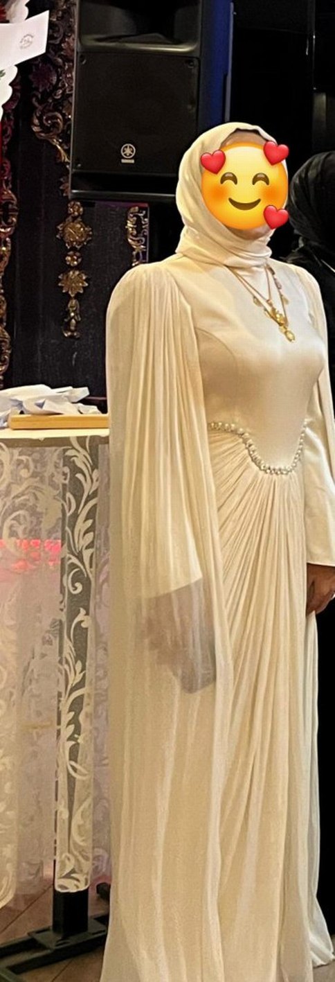 Drapeli krem Uzun Kadın Abiye Elbise - Görsel 5