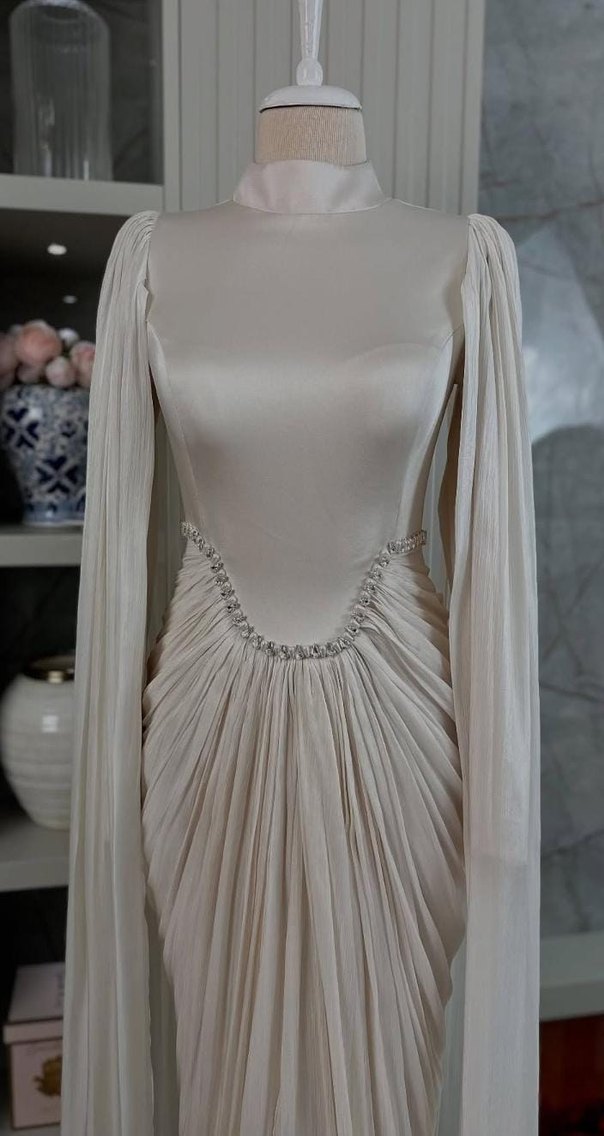 Drapeli krem Uzun Kadın Abiye Elbise - Görsel 4