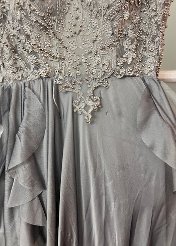 Bohem Gri Çiçekli Uzun Askılı Abiye - Görsel 10