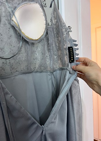 Bohem Gri Çiçekli Uzun Askılı Abiye - Görsel 13