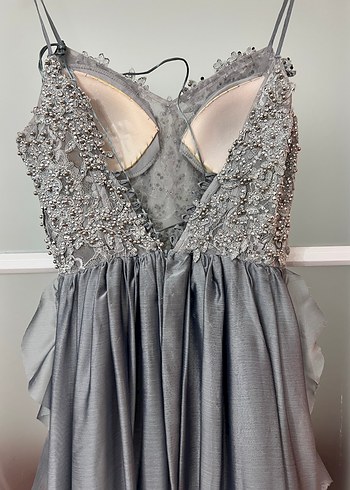 Bohem Gri Çiçekli Uzun Askılı Abiye - Görsel 8