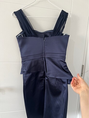 Lacivert kısa saten Abiye elbise - Görsel 7