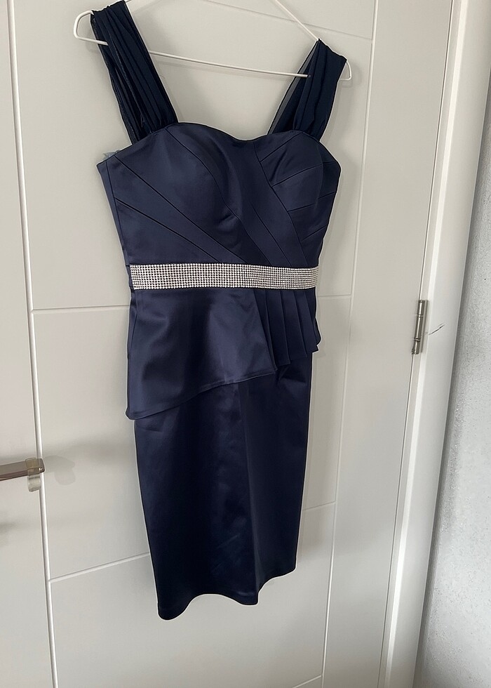 Lacivert kısa saten Abiye elbise - Görsel 3