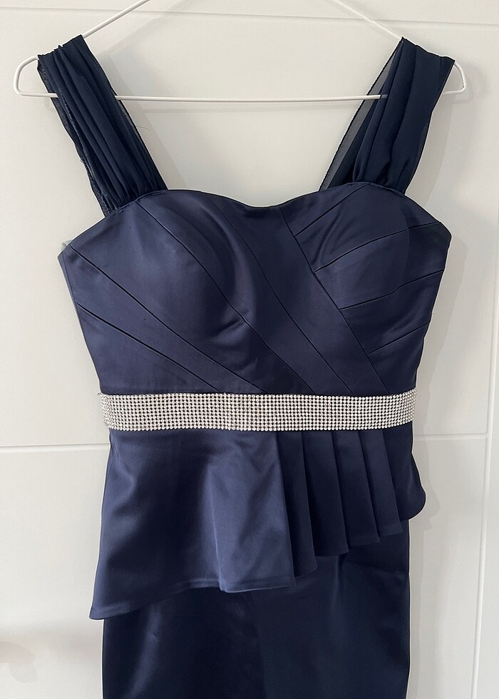 Lacivert kısa saten Abiye elbise - Görsel 2