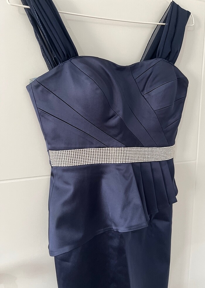 Lacivert kısa saten Abiye elbise - Görsel 4