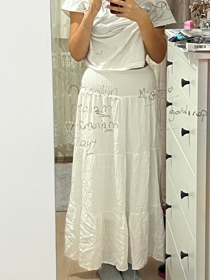 Beyaz Uzun Keten Fırfırlı Etek - Görsel 2