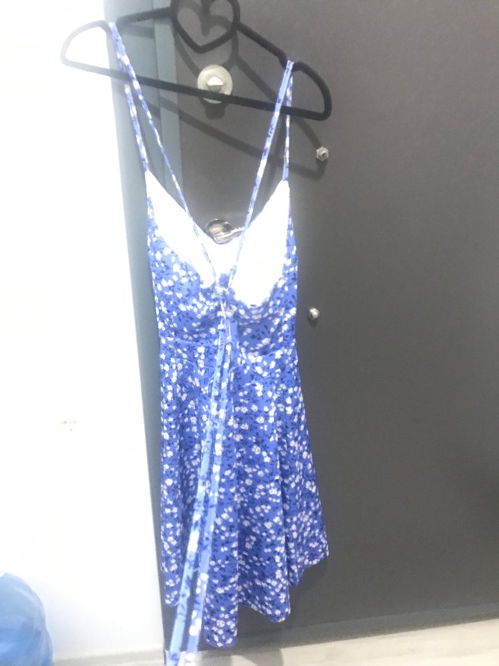 Mavi Bağcıklı Mini Bohem Elbise - Görsel 3