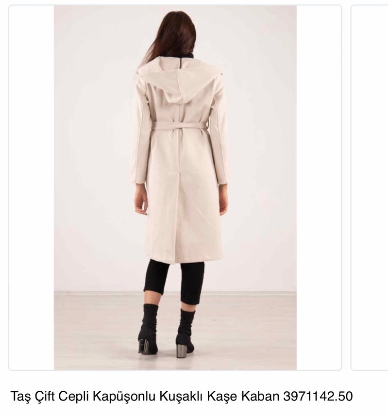 Kapüşonlu Kemerli Çift Cepli Kaşe Kaban - Görsel 2