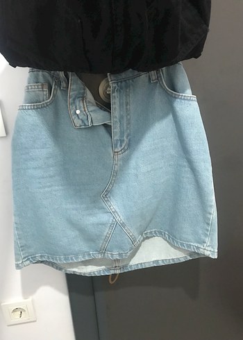 Beyaz Rahat Kesim Mini Kot Etek - Görsel 3