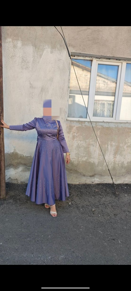 Uzun Kollu  Lila saten Abiye Elbise - Görsel 2