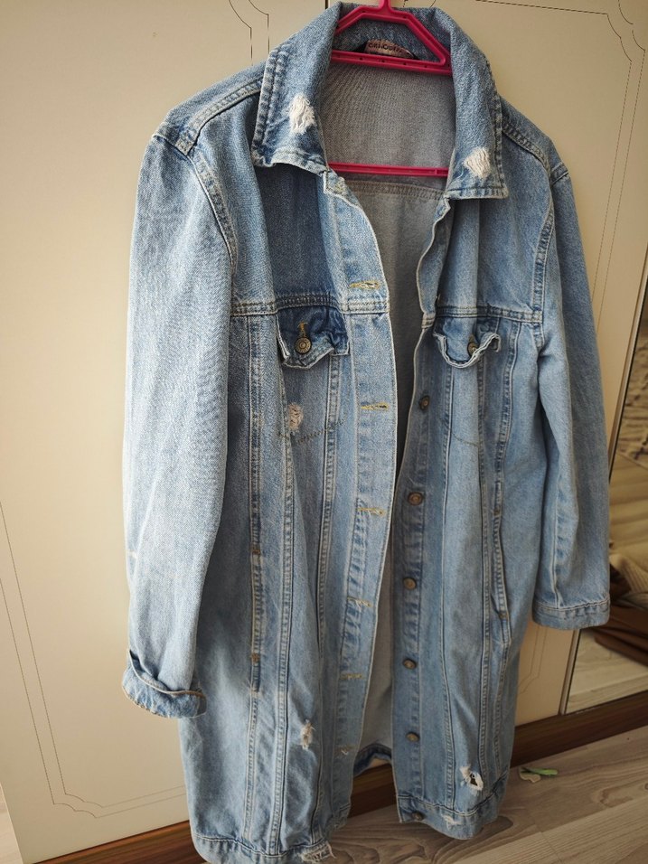 Düğmeli Mavi Uzun Denim Ceket - Görsel 3