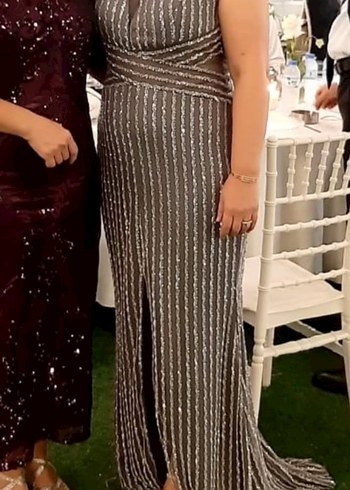 Gri Nakışlı Uzun Askılı Abiye Elbise - Görsel 5