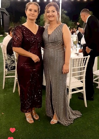 Abiye Gri Nakışlı Uzun Askılı Abiye Elbise