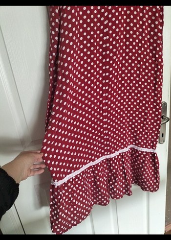 Bordo Puantiyeli V Yaka Uzun pamuklu kumaş Elbise - Görsel 3