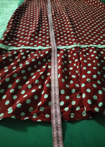 Bordo Puantiyeli V Yaka Uzun pamuklu kumaş Elbise - Görsel 5