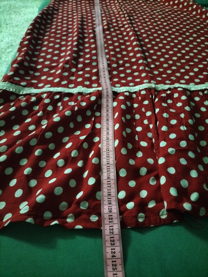 Bordo Puantiyeli V Yaka Uzun pamuklu kumaş Elbise - Görsel 5