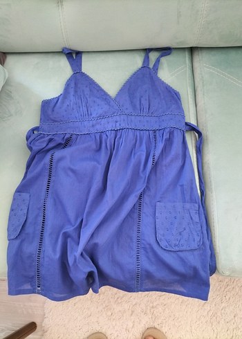 Nakışlı Lacivert. yazlık, pamuklu bluz. - Görsel 2