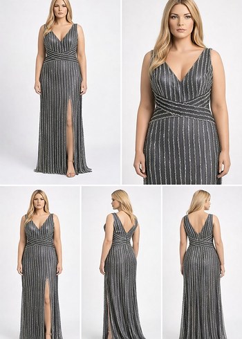 Gri Çizgili Uzun Askılı Abiye Elbise - Görsel 6