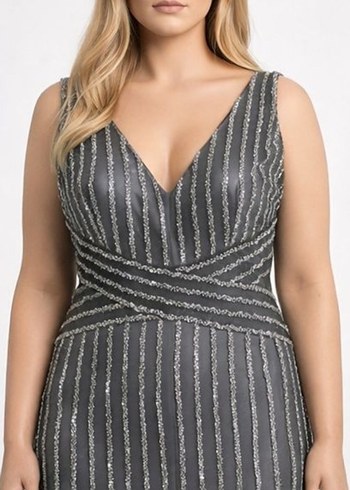 Gri Çizgili Uzun Askılı Abiye Elbise - Görsel 2