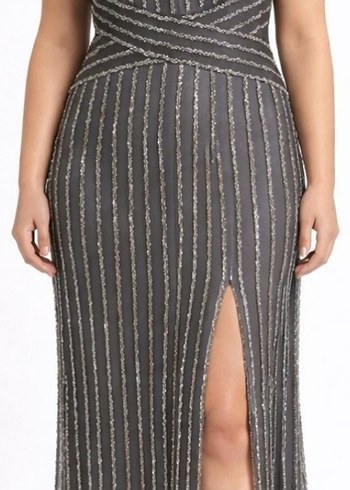 Gri Çizgili Uzun Askılı Abiye Elbise - Görsel 5