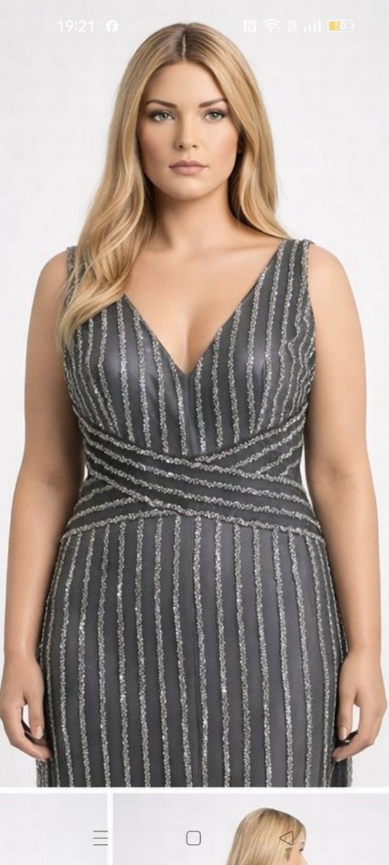 Gri Çizgili Uzun Askılı Abiye Elbise - Görsel 2