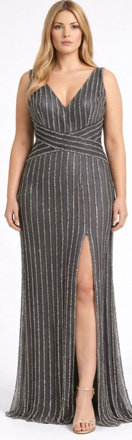 Gri Çizgili Uzun Askılı Abiye Elbise - Görsel 5