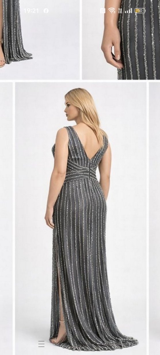 Gri Çizgili Uzun Askılı Abiye Elbise - Görsel 4