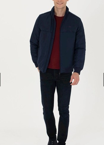 Erkek Lacivert Fermuarlı Yüksek Yakalı Mont - Görsel 2