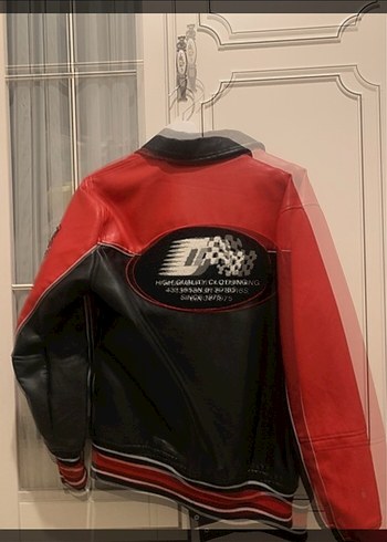 Kırmızı Siyah Baskılı Biker Deri Ceket - Görsel 2