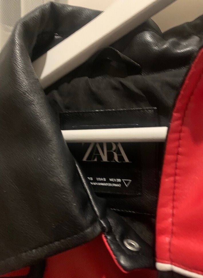 Kırmızı Siyah Baskılı Biker Deri Ceket - Görsel 3